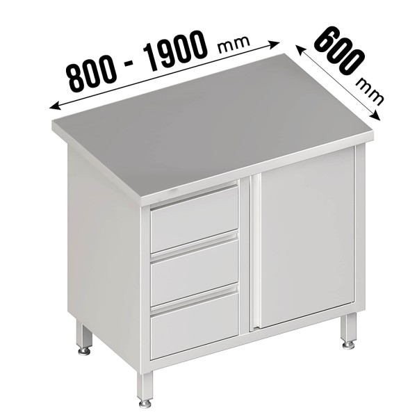 Arbeitsschrank, Flügeltüren, ohne Aufkantung, 3 Schubladen links, Tiefe 600mm