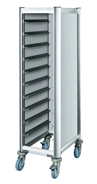 Tablettwagen in Aluoptik für 10 x 455 x 355 mm Tabletts, 4 Lenkrollen