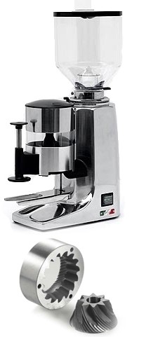 Kaffeemühle mit Kegelmahlwerk, Teleskoptamper, 1,2 kg Behälter, Automatik, Mikroschalter, Aluminium