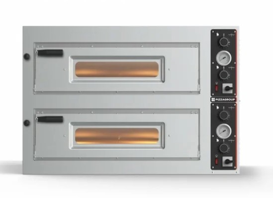 PREMIUM Elektro Pizzaofen, 2 Backkammern VOLLSCHAMOTTIERT, Pizzen 9+9x Ø 33 cm, mechanische Steuerun