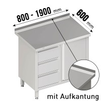 Arbeitsschrank, Flügeltüren, Aufkantung, 3 Schubladen links, Tiefe 600mm Arbeitsschrank, Flügeltüren, Aufkantung, 3 Schubladen links, Tiefe 600mm