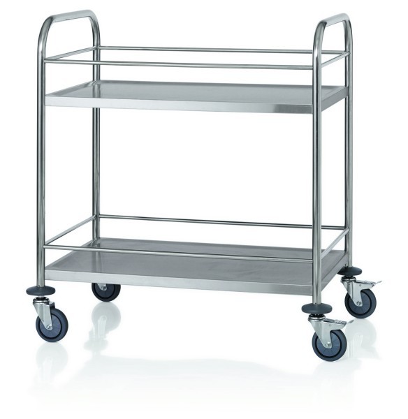 Servierwagen Edelstahl, Reling, 4 Rollen mit Rammschutz, belastbar