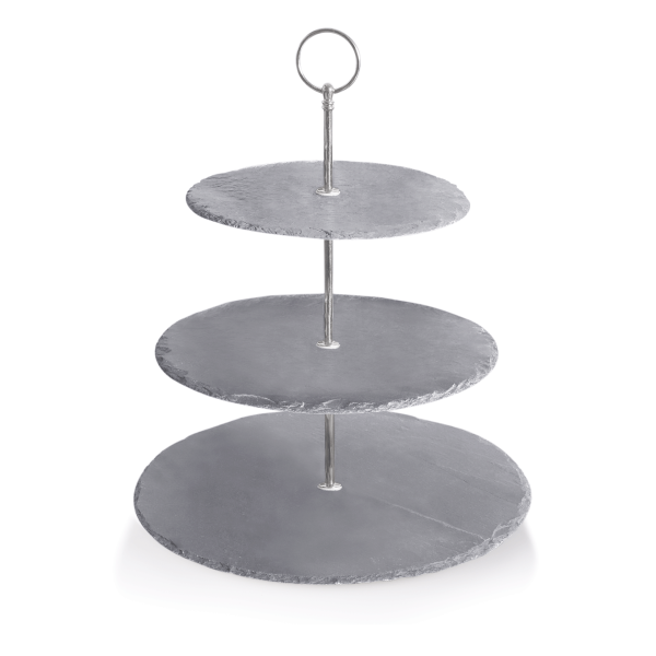 Etagere mit runden Naturschieferplatten 300/250/200 mm, 3-stufig, 4-6 mm Materialstärke, gebrochene