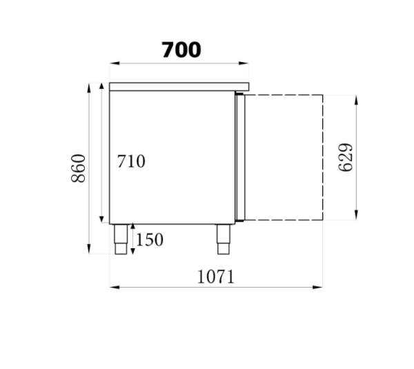 Kühltisch 2 Türen, 700mm Tiefe, Motor rechts, ohne Aufkantung