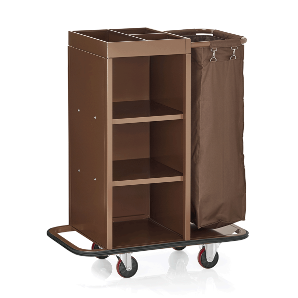 Zimmerservicewagen Stahl, Polyester, braun, Regal - 3 Fächer, Wäschesack, 70 Liter