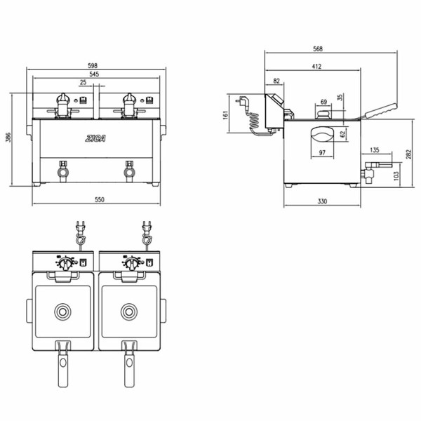 Elektro-Fritteuse, 2 Becken, 10+10 Liter, Tischgerät, 2x 230 V, 2x 3,25 kW
