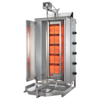 Eine Abbildung des Döner- / Gyrosgrills seitlich von vorne. Der Grill ist eingeschaltet, erkennbar an den rotglühenden Eine Abbildung des Döner- / Gyrosgrills seitlich von vorne. Der Grill ist eingeschaltet, erkennbar an den rotglühenden Heizelementen. Der Hintergrund des Bildes ist weiß.