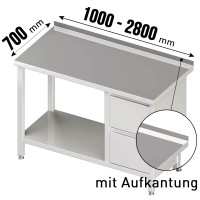 Edelstahl Arbeitstisch mit 2 Schubladen rechts auf weißem Hintergrund. Isometrische Perspektive schräg von vorne. Edelstahl Arbeitstisch mit 2 Schubladen rechts auf weißem Hintergrund. Isometrische Perspektive schräg von vorne.