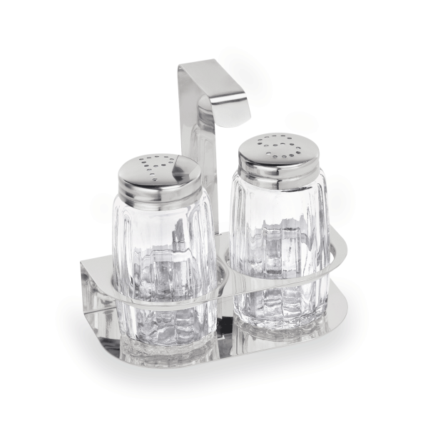 Menage, inkl 2 Gewürzstreuer, Edelstahl, Hartglas, Höhe 105 mm