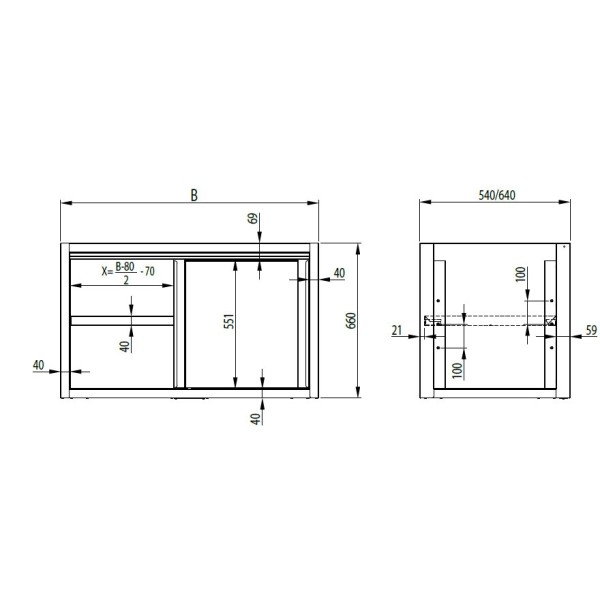 Unterschrank-Modul mit Schiebetüren, Tiefe 640 mm