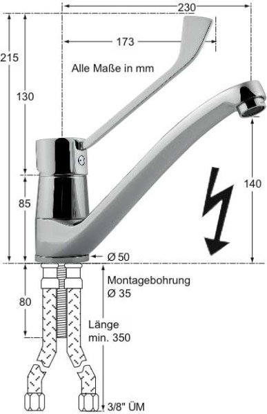 Hebelmischer-Einlochbatterie 1/2" für drucklose Warmwasserspeicher