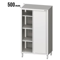 Die Abbildung zeigt den Schrank mit zwei Schiebetüren, wovon eine Seite offen ist und dadurch die Regale im Inneren sichtbar Die Abbildung zeigt den Schrank mit zwei Schiebetüren, wovon eine Seite offen ist und dadurch die Regale im Inneren sichtbar sind