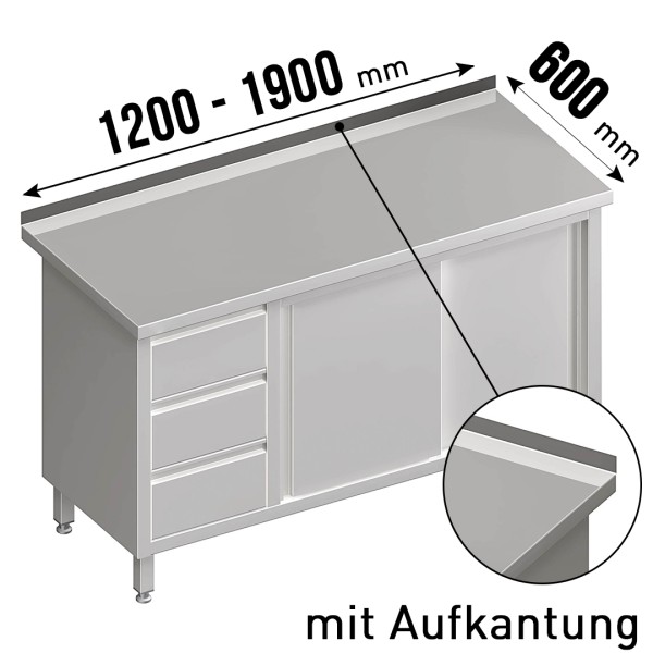 Arbeitsschrank, mit Schiebetüren, mit Aufkantung, mit 3er Schubladenblock links, 1 höhenverstellbare