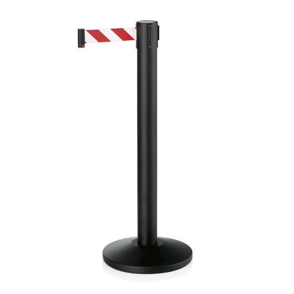Abgrenzungspfosten, Edelstahl, pulverbeschichtet, schwarz, Gurt rot-weiß, 5 m