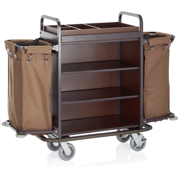 Zimmerservicewagen braun mit 2 Wäschesäcken à 70 l, 3 Böden, Stahlrahmen